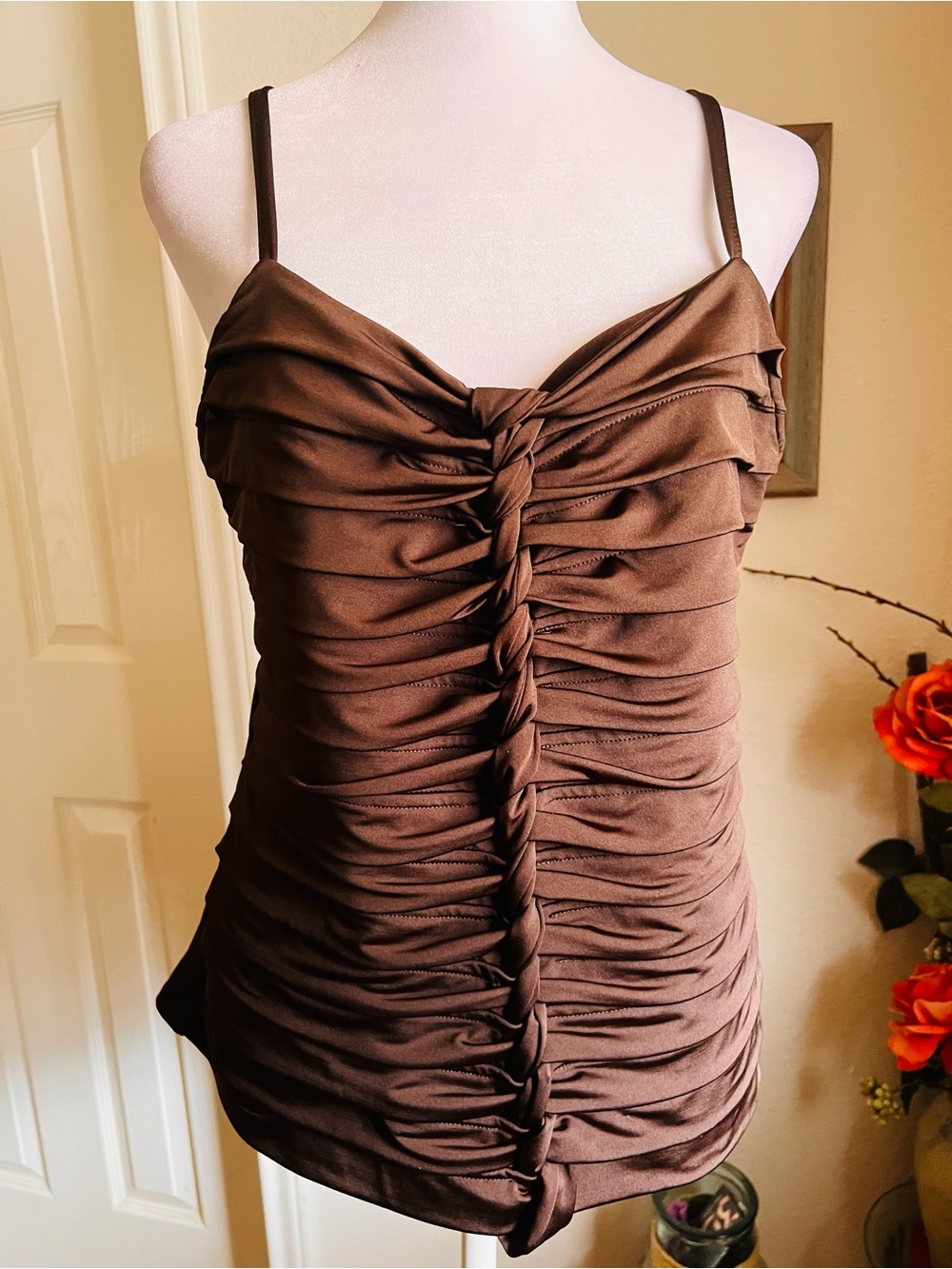 Cache Brown Ruched Spaghetti Strap Tank